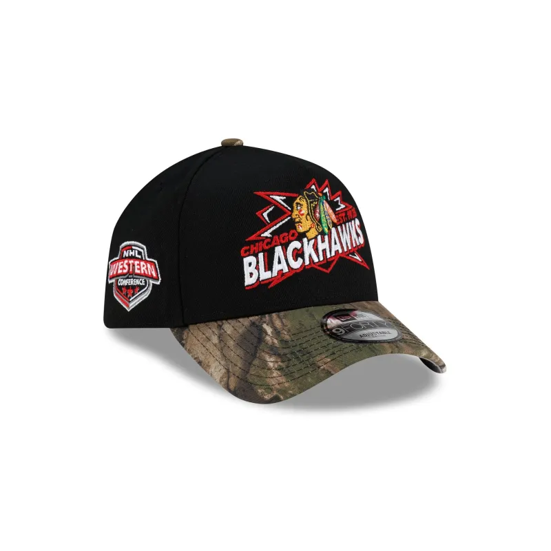 Chicago Blackhawks Top Shelf Black Camo 9FORTY A-Frame Snapback Hat made by New Era