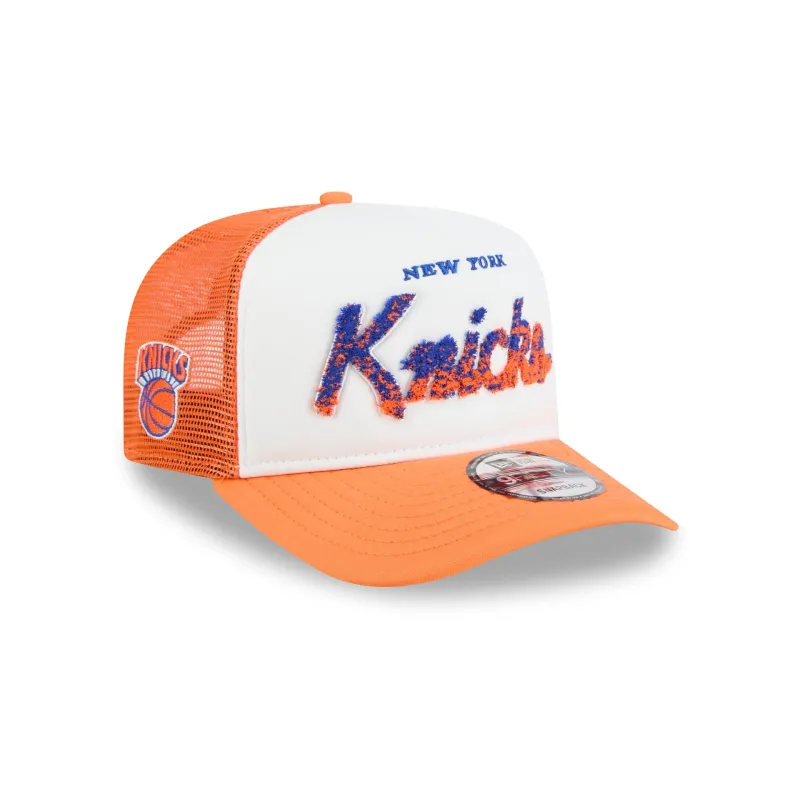 New York Knicks Fade Script 9FIFTY A-Frame Trucker Hat made by New Era