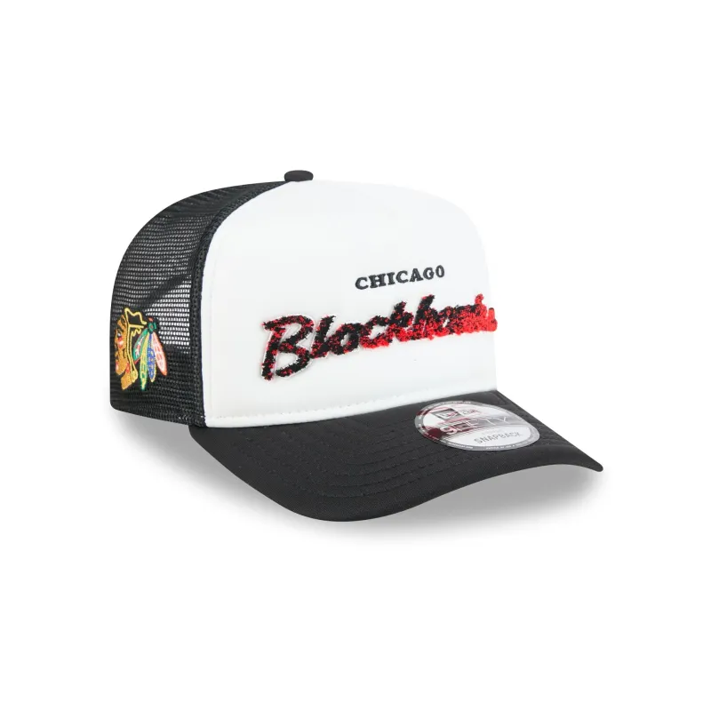 Chicago Blackhawks Fade Script 9FIFTY A-Frame Trucker Hat made by New Era
