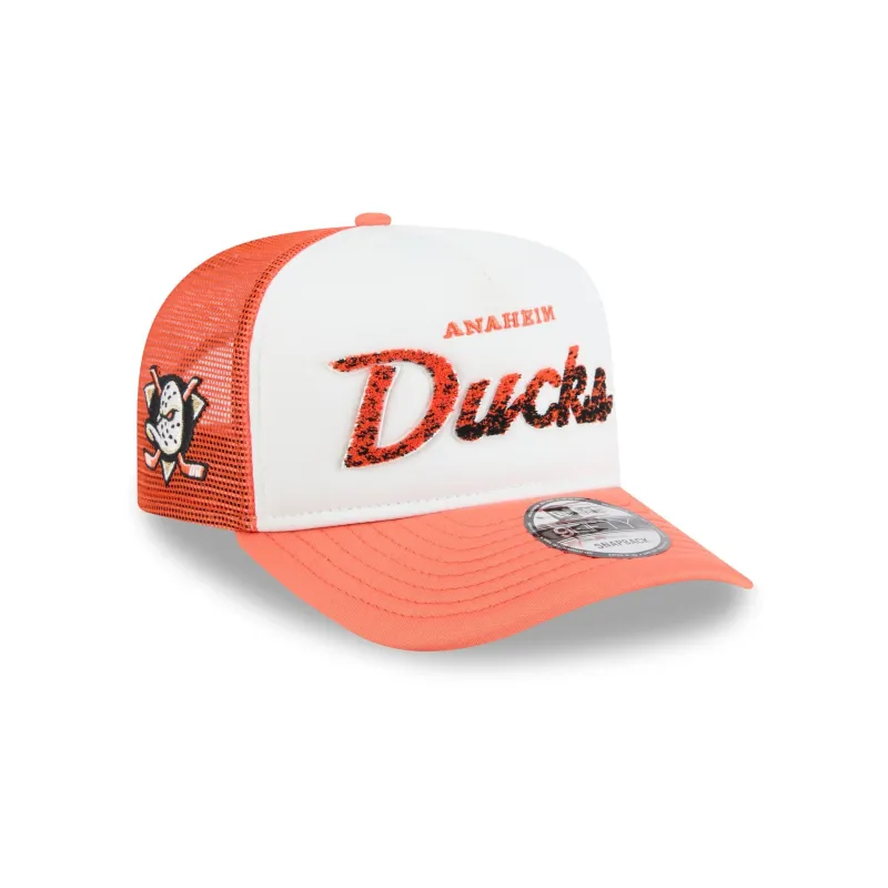Anaheim Ducks Fade Script 9FIFTY A-Frame Trucker Hat made by New Era