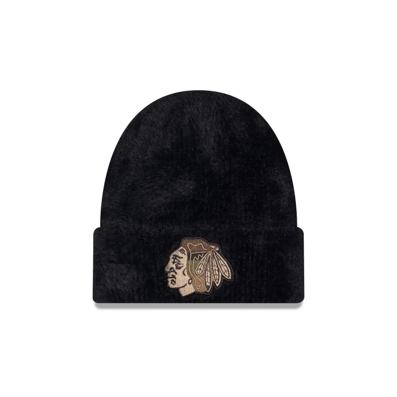 Chicago Blackhawks Camo Logo Fuzzy Cuff Knit Beanie Hat made by New Era