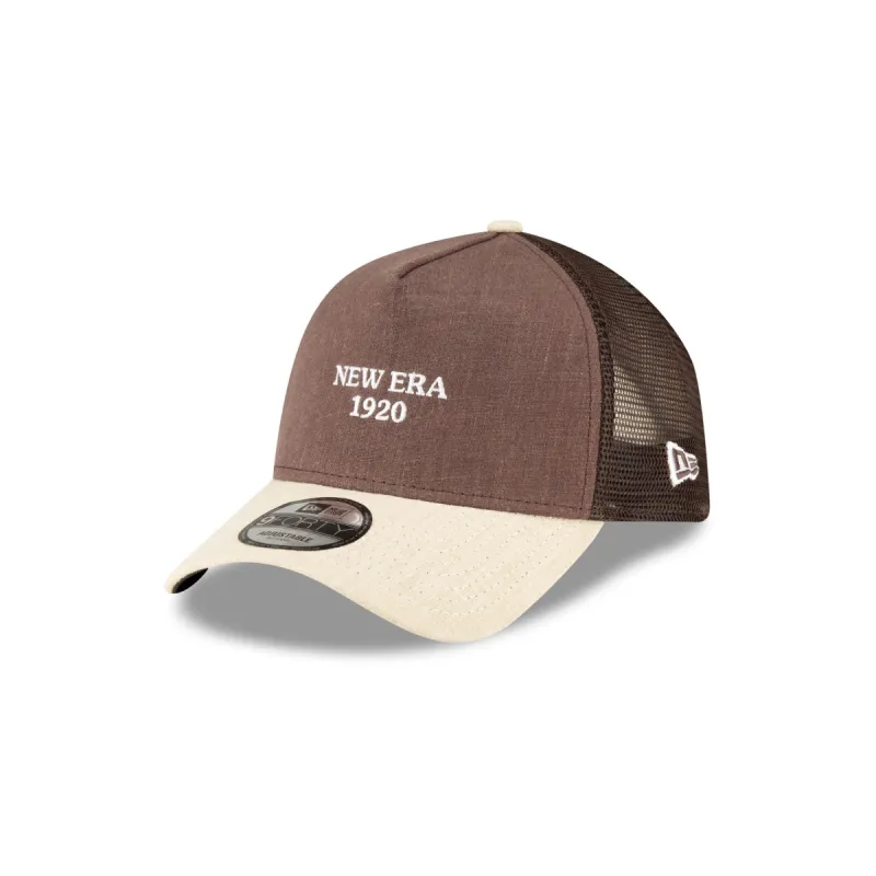 New Era Cap Soft Linen Brown 9FORTY A-Frame Trucker Hat made by New Era