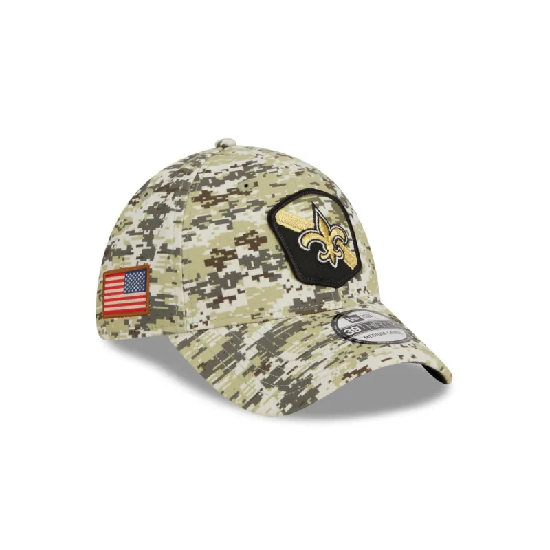 New Orleans Saints 2023 Salute to Service Camo 39THIRTY Stretch Fit Hat sold by New Era