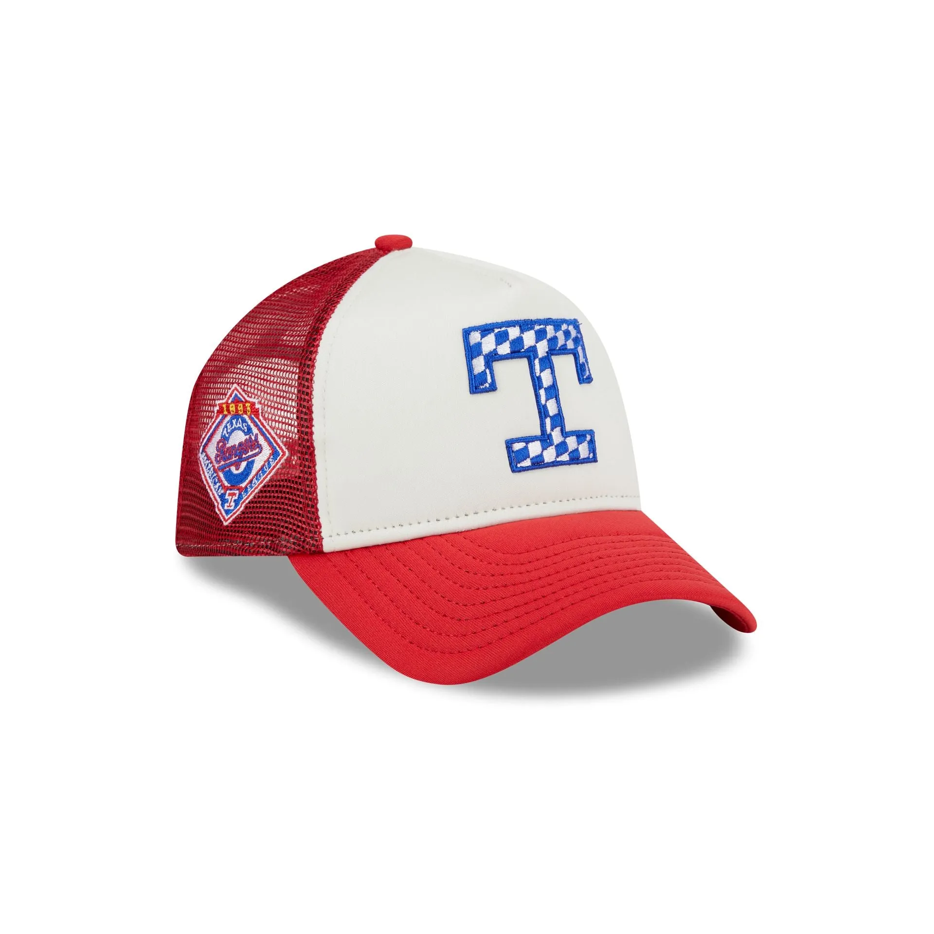 Texas Rangers Checkered Flag 9FORTY A-Frame Trucker Hat sold by New Era