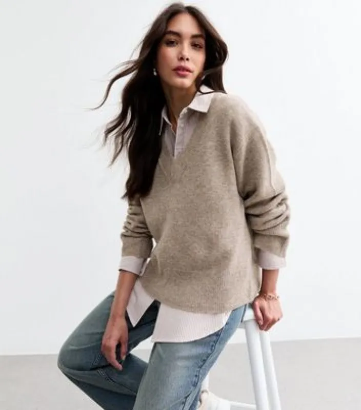 Grey Wide V Neck Knit Jumper sold by New Look