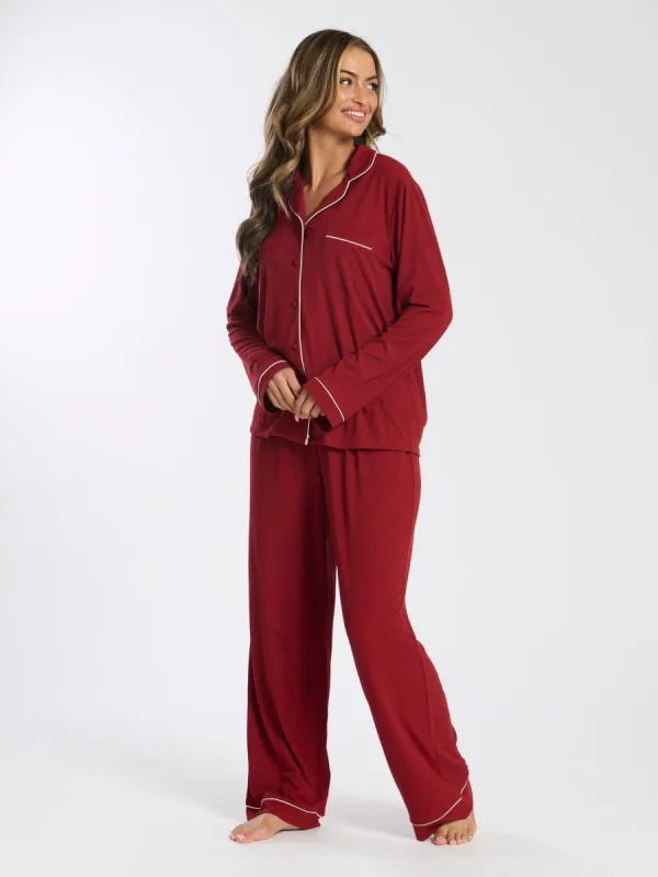 Loungeable Red Soft Jersey Ribbed Button Through Long Chocolate Pyjamas sold by next