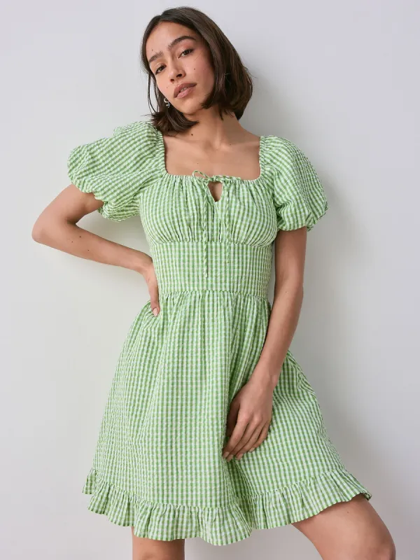Green Gingham 100% Cotton Puff Sleeve Milkmaid Mini Dress sold by next