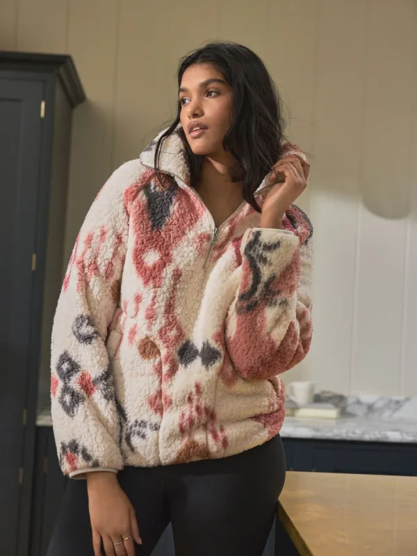 Cream/Pink Ikat Borg Half Zip Jacket sold by next