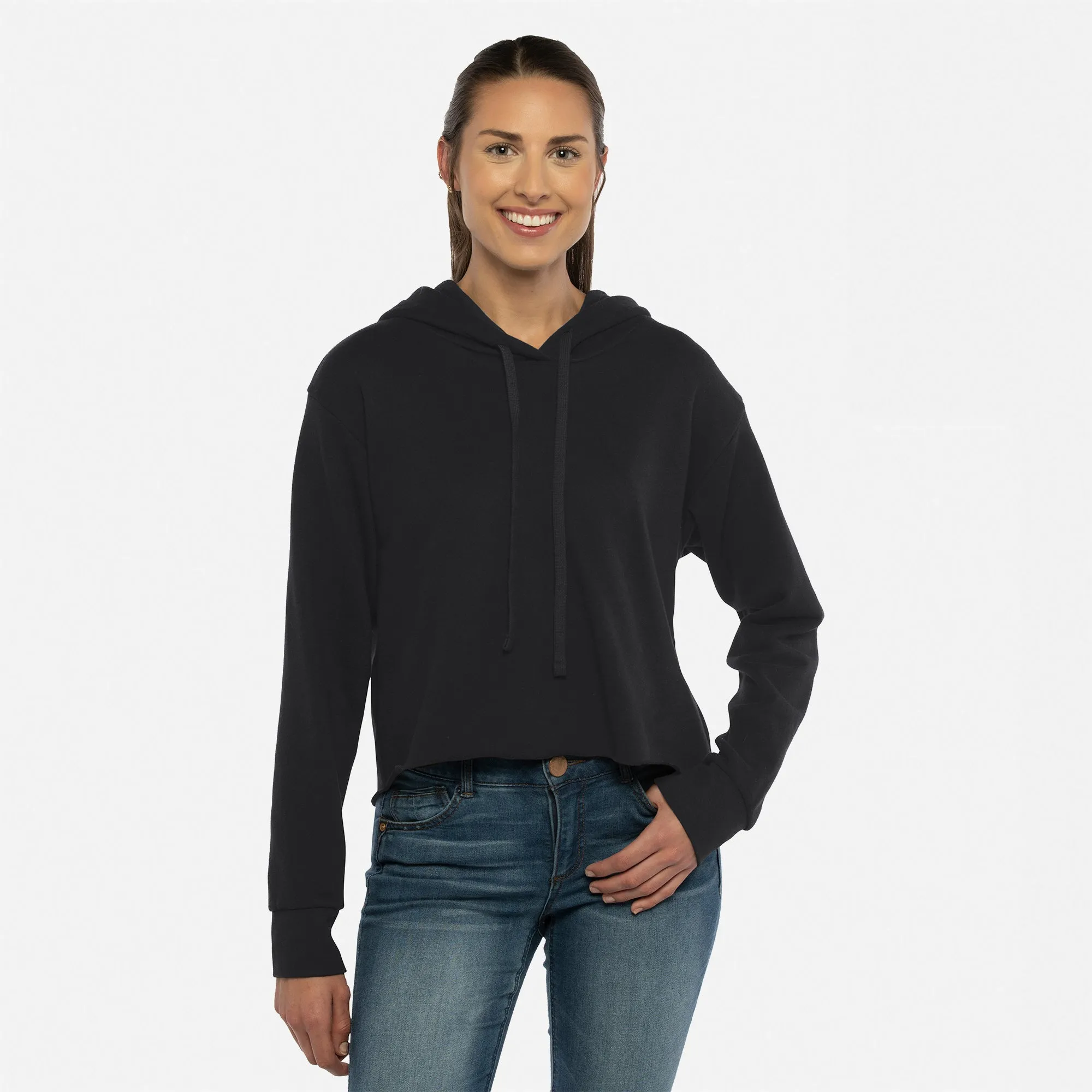 Women's Laguna Sueded Raw Edge Crop Hoodie sold by Next Level Apparel