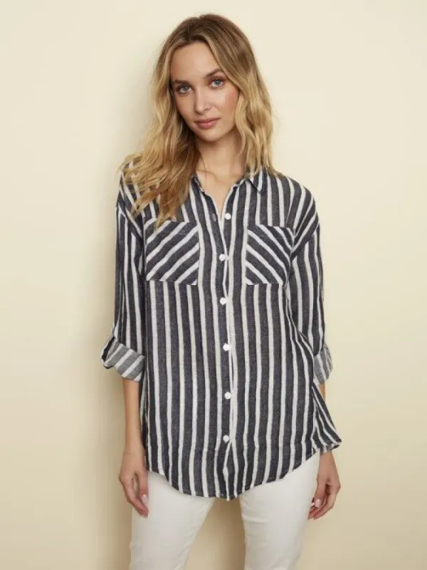BUTTON-DOWN STRIPED LINEN TUNIC sold by Nica