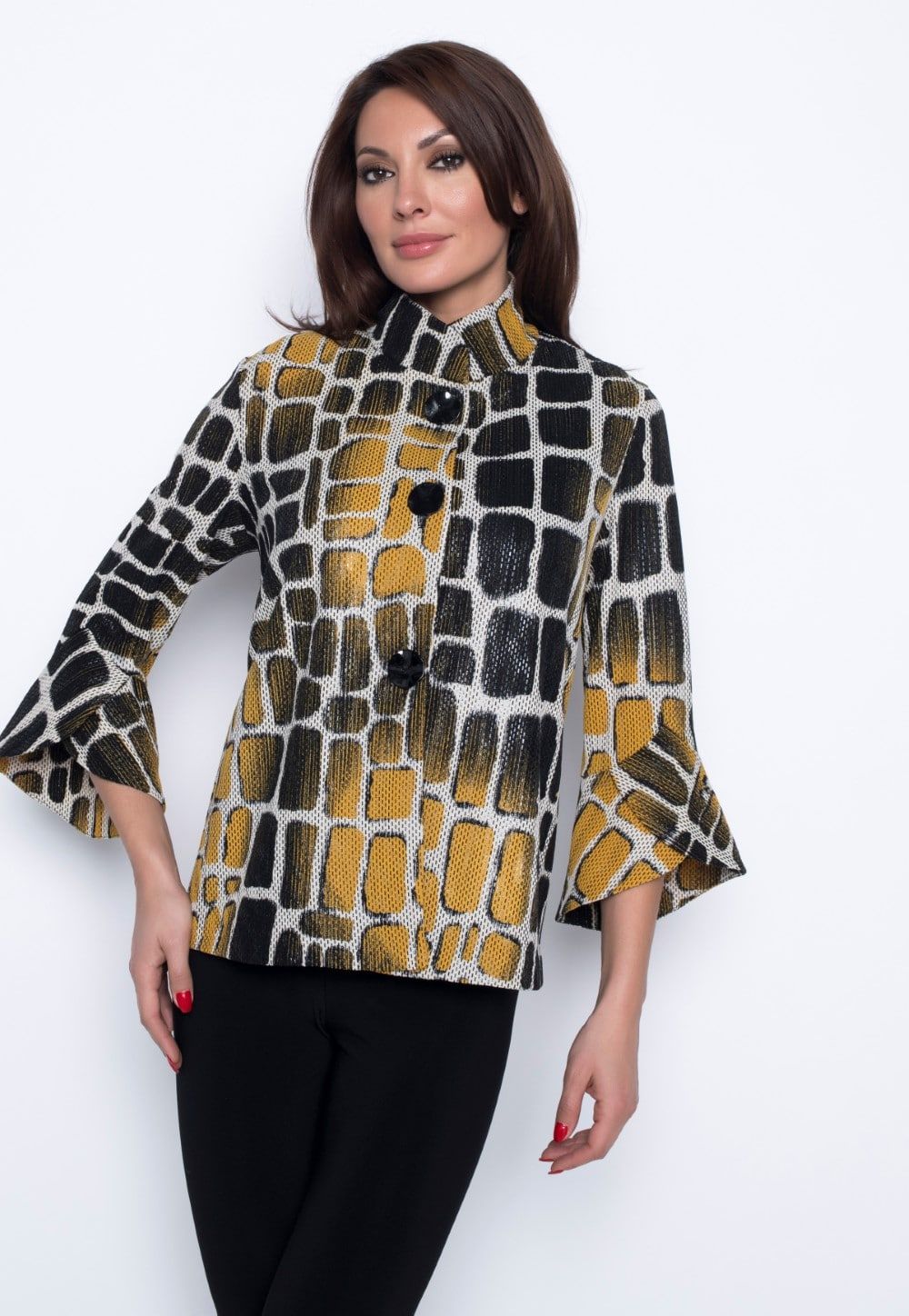 YELLOW AND BLACK PRINTED JACKET sold by Nica