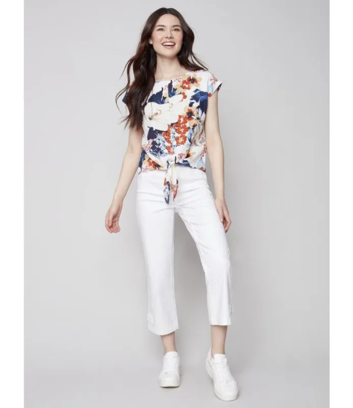 PRINTED CAP SLEEVE TOP WITH FRONT TIE sold by Nica