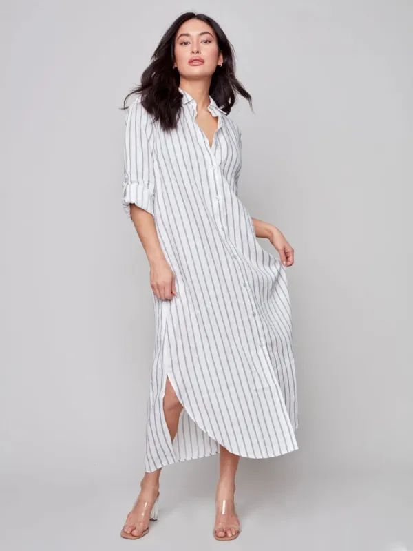 STRIPED LONG LINEN DUSTER DRESS sold by Nica