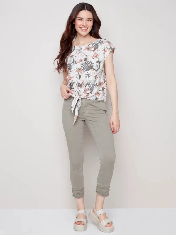 PRINTED FRONT TIE LINEN TOP sold by Nica