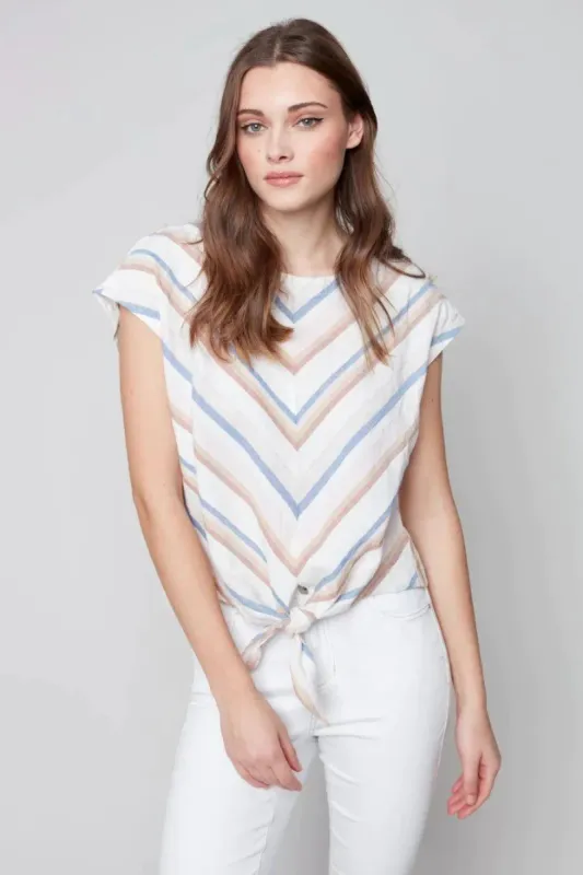 STRIPED FRONT TIE LINEN TOP sold by Nica