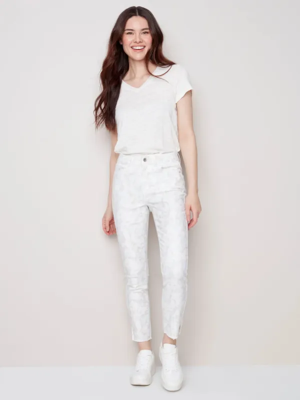 PRINTED TWILL PANT WITH HEM SLIT sold by Nica