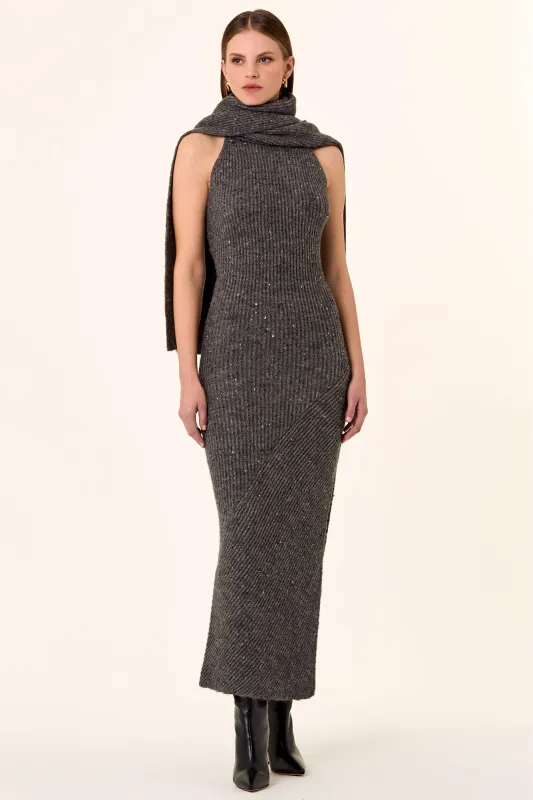 Kiandra Dress with Detachable Scarf - Charcoal sold by NICHOLAS