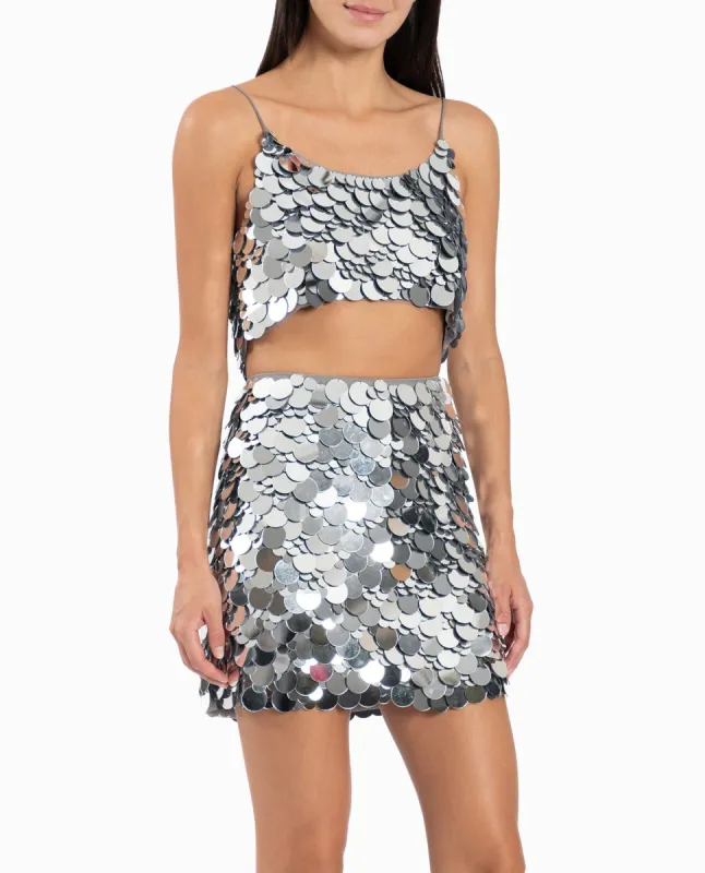 CUSTOM MADE MIRRORED PAILLETTE CROP TOP sold by Nicole Miller