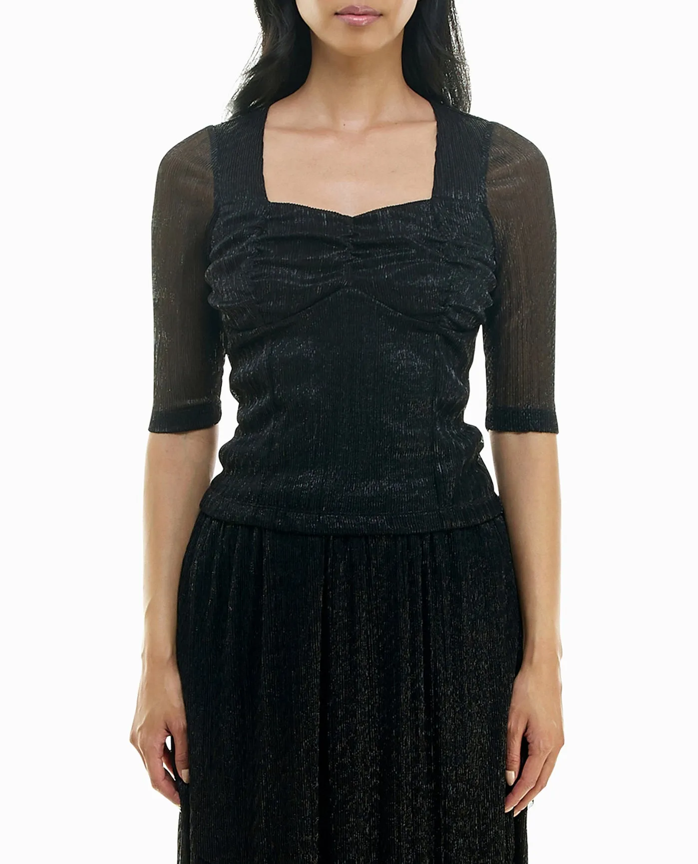 LARA KNIT LUREX SWEETHEART ELBOW SLEEVE TOP sold by Nicole Miller