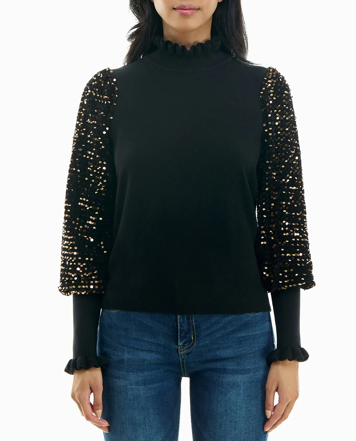 IZZY SEQUINS RUFFLE NECK LONG SLEEVE SWEATER sold by Nicole Miller