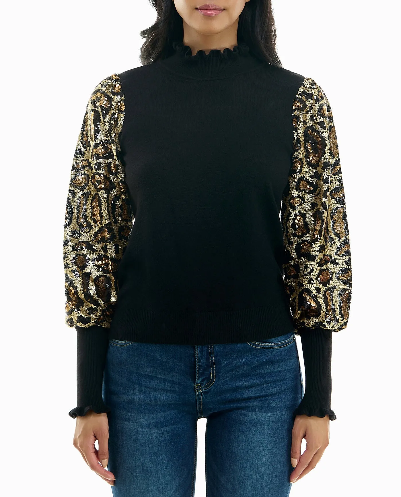 IZZY SEQUINS RUFFLE NECK LONG SLEEVE SWEATER sold by Nicole Miller product image thumbnail 3
