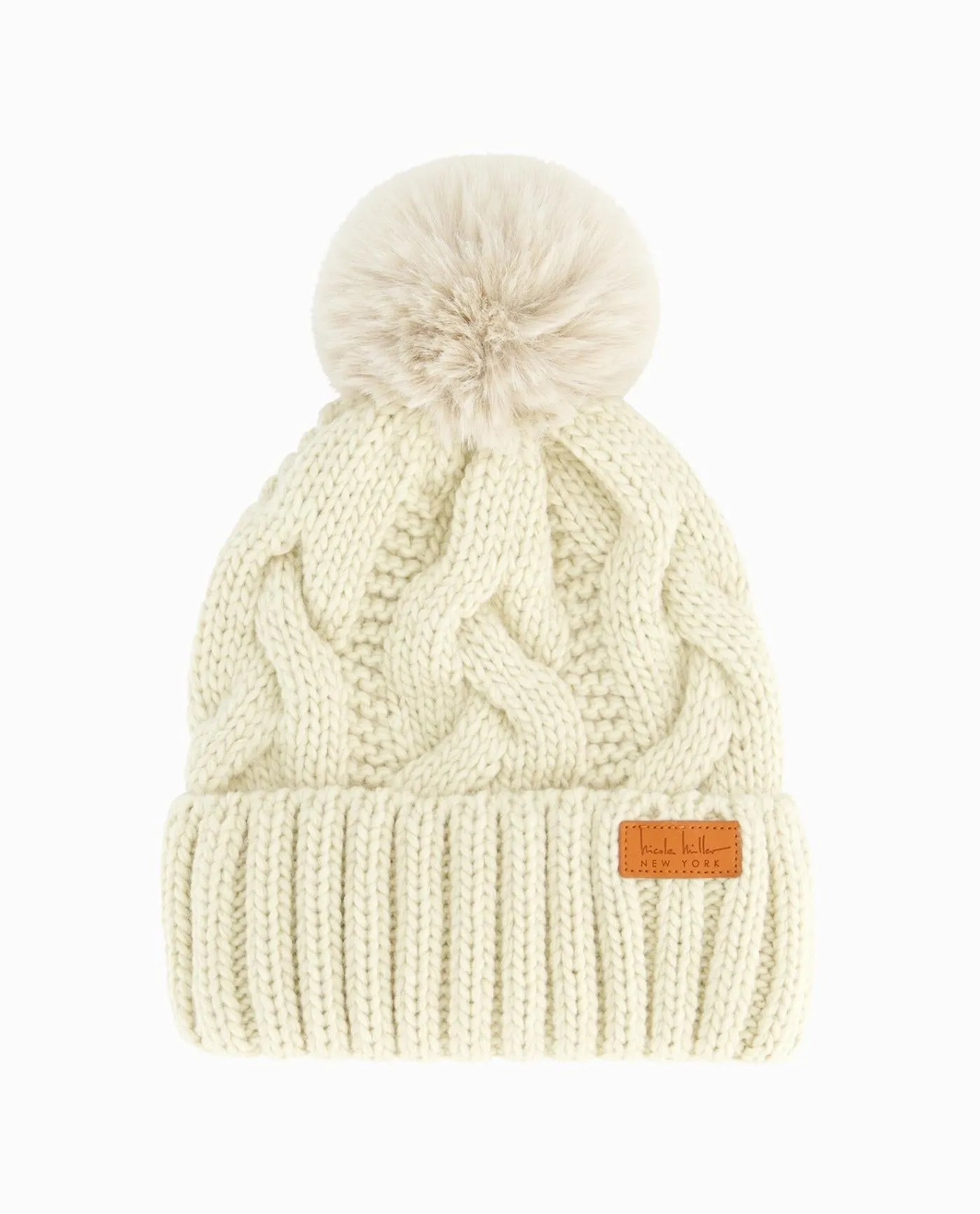CABLE KNIT POM BEANIE sold by Nicole Miller