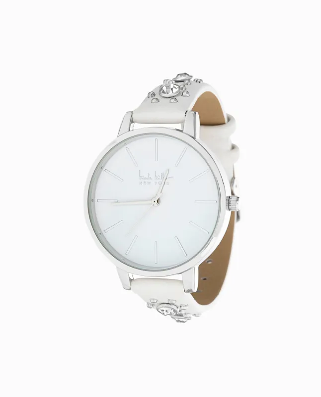 SILVER TONE CRYSTAL STUDDED STRAP WATCH, 38MM sold by Nicole Miller