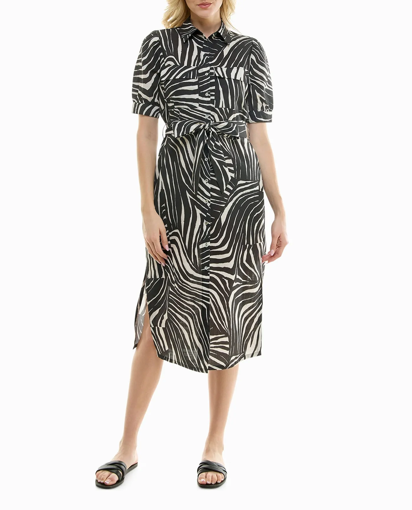 ZARIA LINEN SHORT SLEEVE BELTED SHIRT DRESS sold by Nicole Miller product image thumbnail 4