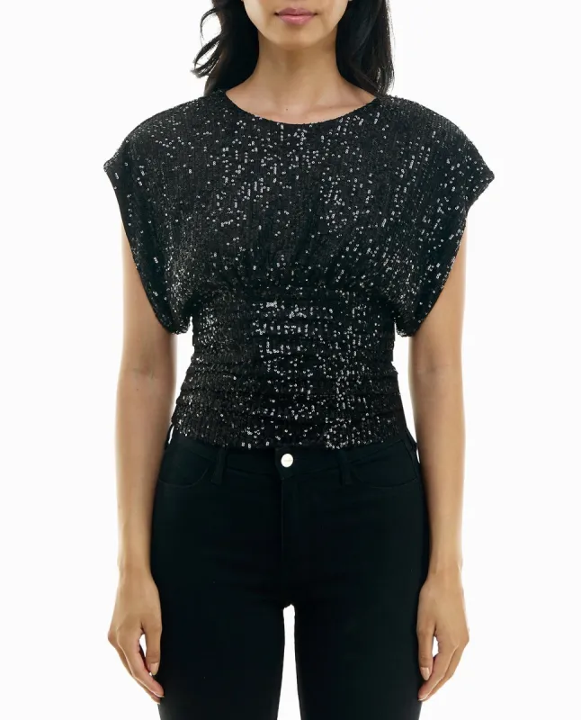 KIERA ALL OVER SEQUINS SHORT SLEEVE PLEATED TOP sold by Nicole Miller