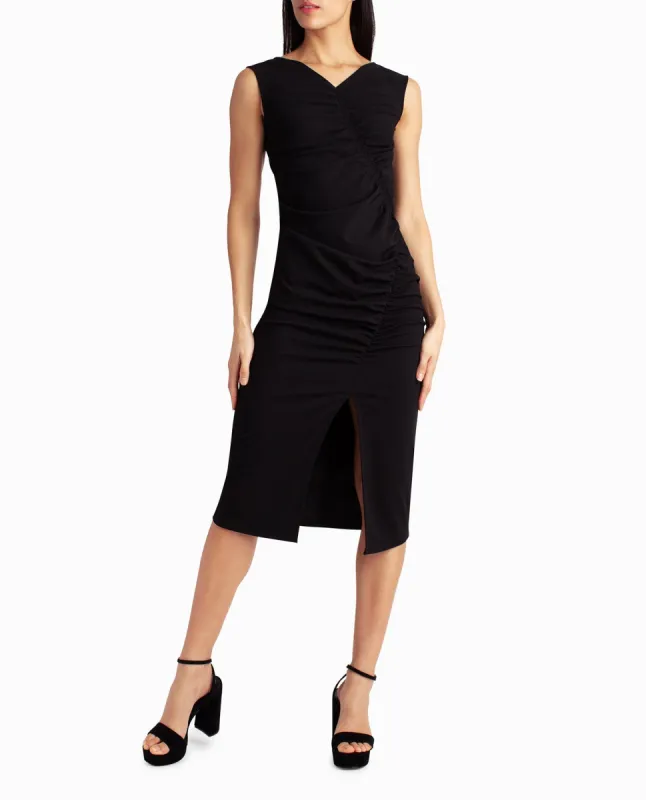 ELLA CREPE RUCHED MIDI DRESS sold by Nicole Miller