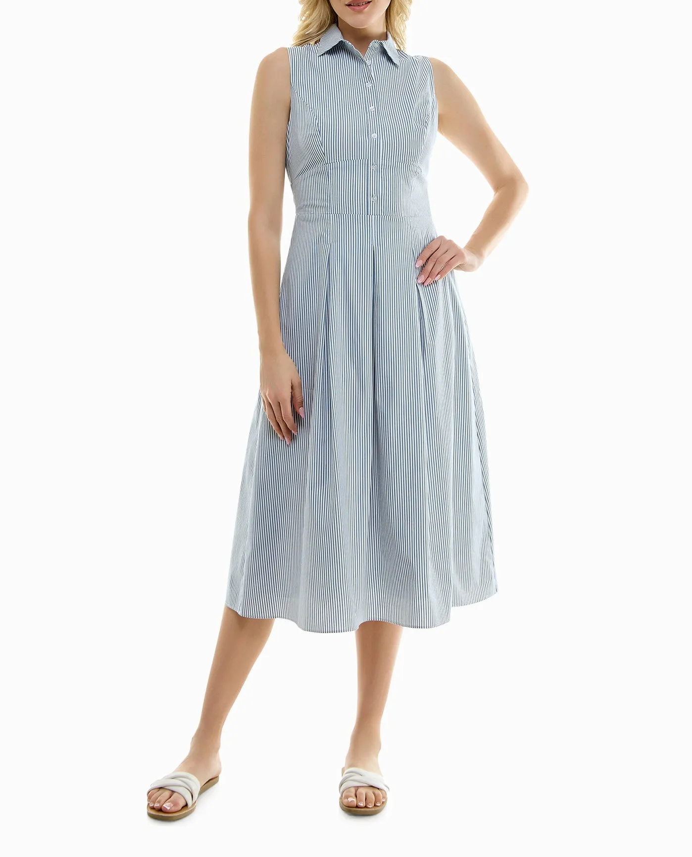 STELLA STRETCH POPLIN SLEEVELESS PLEATED SHIRT DRESS sold by Nicole Miller