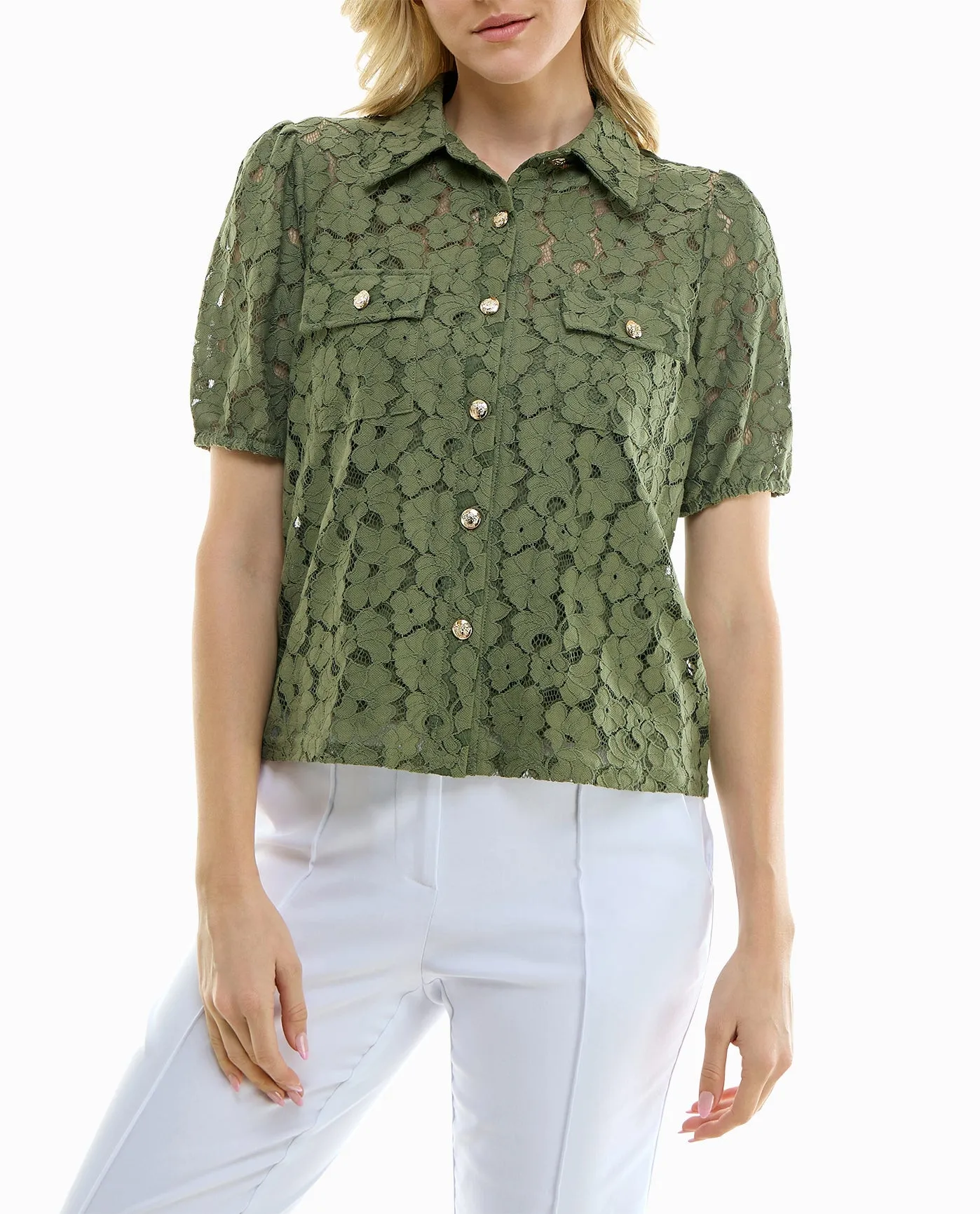 SAGE LACE BUTTON FRONT SHORT SLEEVE SHIRT sold by Nicole Miller