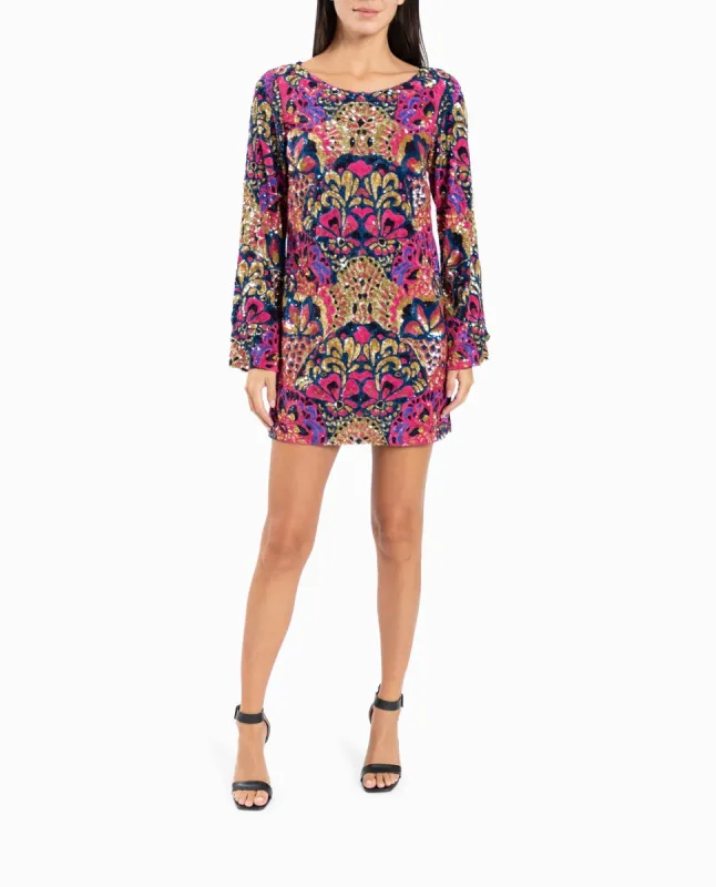 CUSTOM MADE PARADISE PALMS FLARED SLEEVE SHIFT DRESS sold by Nicole Miller