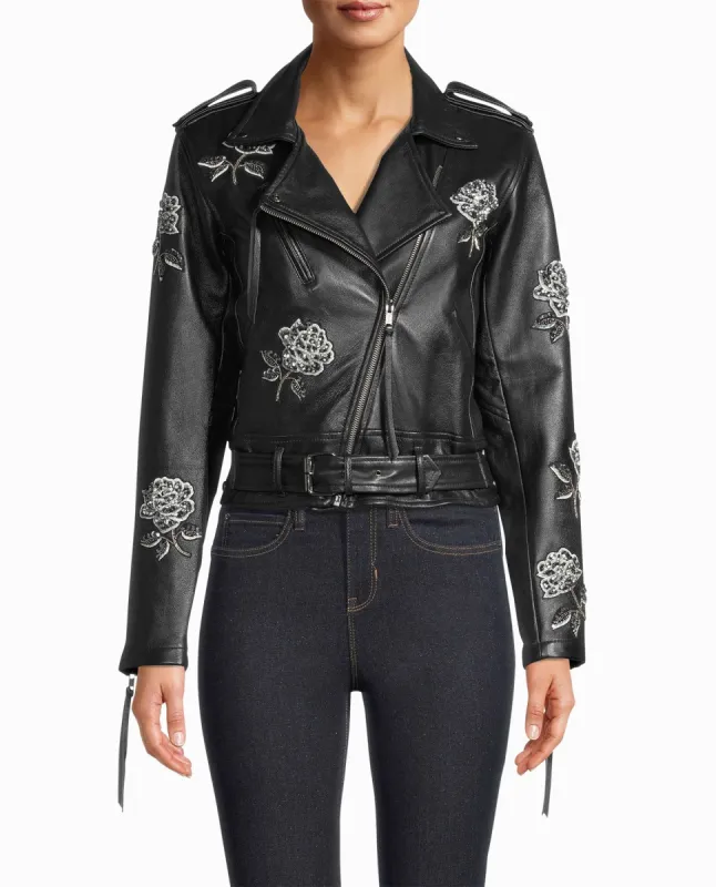 EMBELLISHED ROSE MOTO JACKET made by Nicole Miller