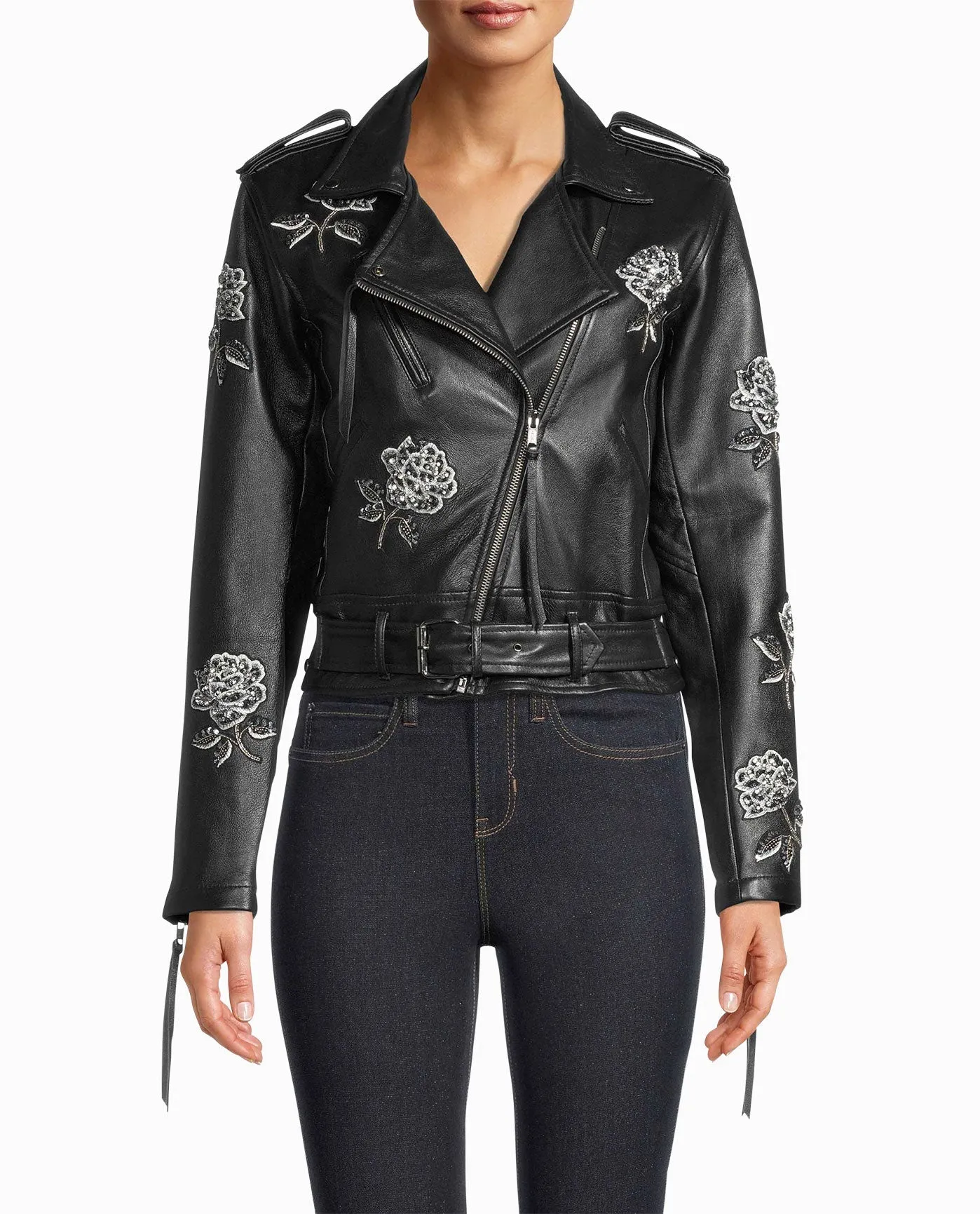 EMBELLISHED ROSE MOTO JACKET sold by Nicole Miller