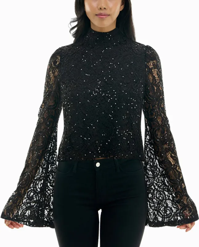 MAUDE SEQUINED LACE BELL SLEEVE TOP sold by Nicole Miller