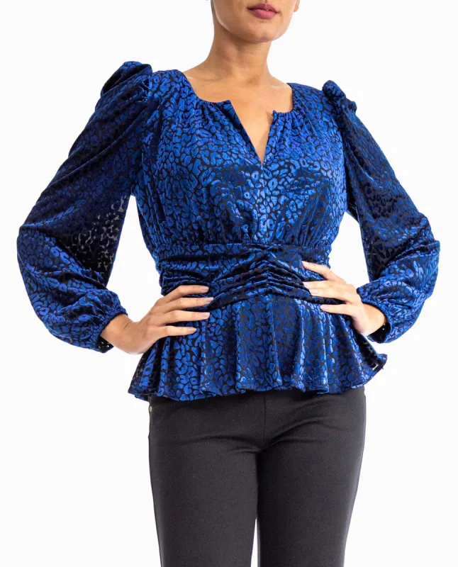 IRIS VELVET PUFF SLEEVE PEPLUM TOP sold by Nicole Miller