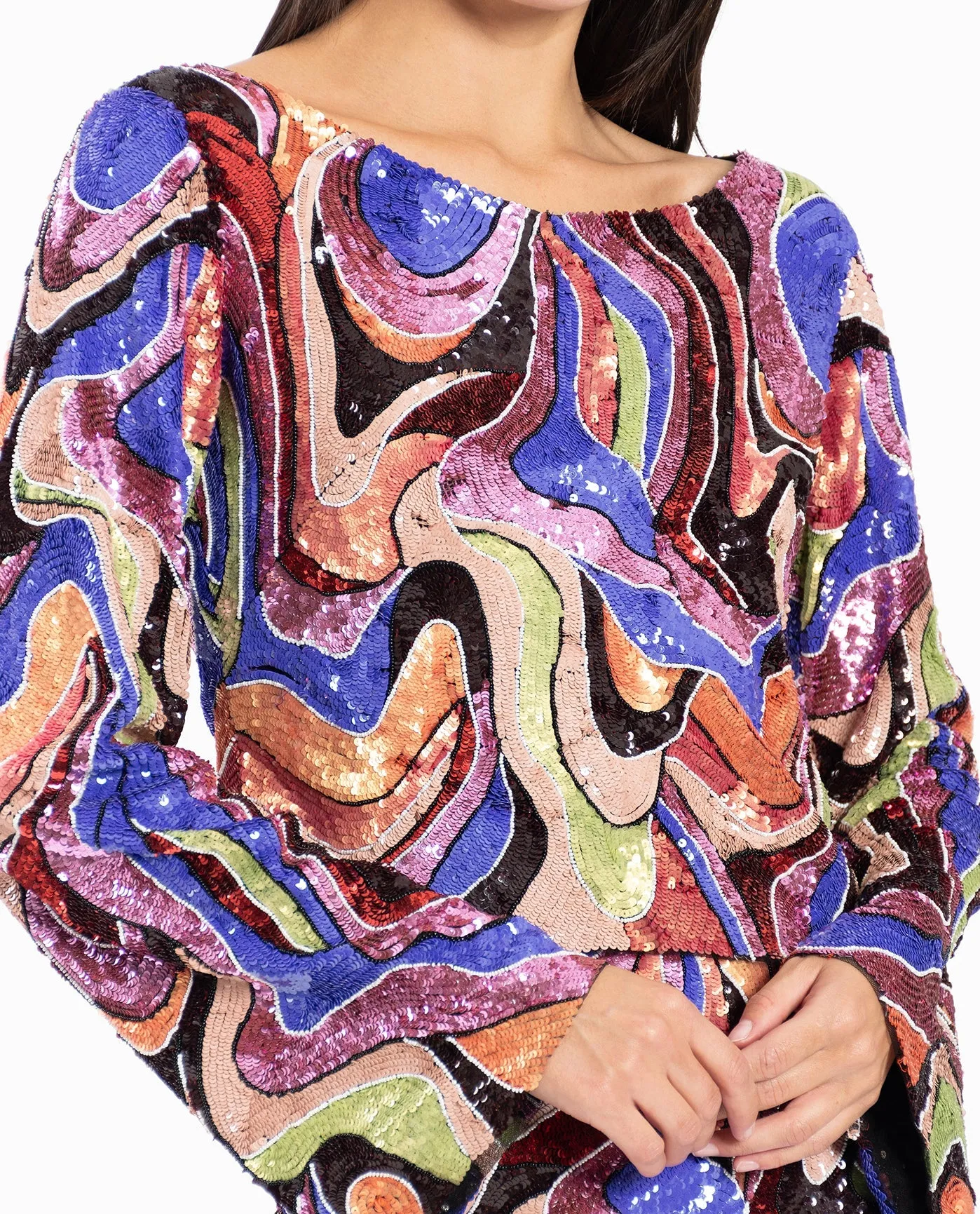 CUSTOM MADE SUNNYLAND SWIRL FLARED SLEEVE TOP sold by Nicole Miller product image thumbnail 4