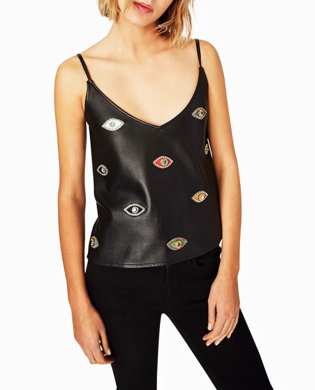 EVIL EYE EMBELLISHMENT V NECK TANK TOP made by Nicole Miller