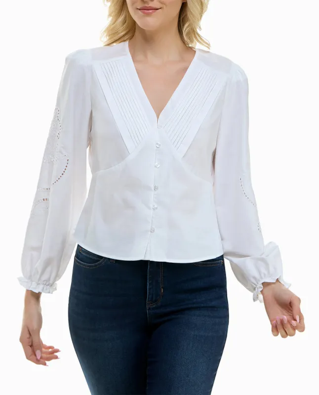 PETUNIA STRETCH POPLIN PLEATED V-NECK SHIRT sold by Nicole Miller