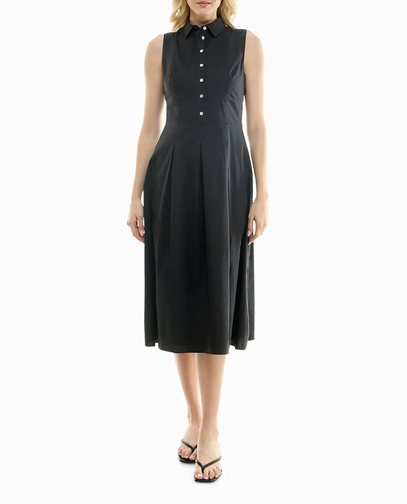 LUNA STRETCH POPLIN SLEEVELESS PLEATED SHIRT DRESS sold by Nicole Miller product image thumbnail 4