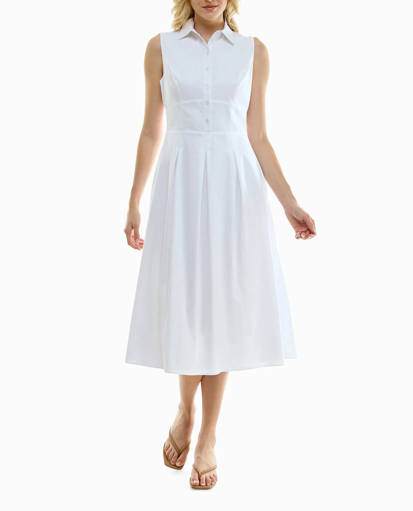 LUNA STRETCH POPLIN SLEEVELESS PLEATED SHIRT DRESS sold by Nicole Miller