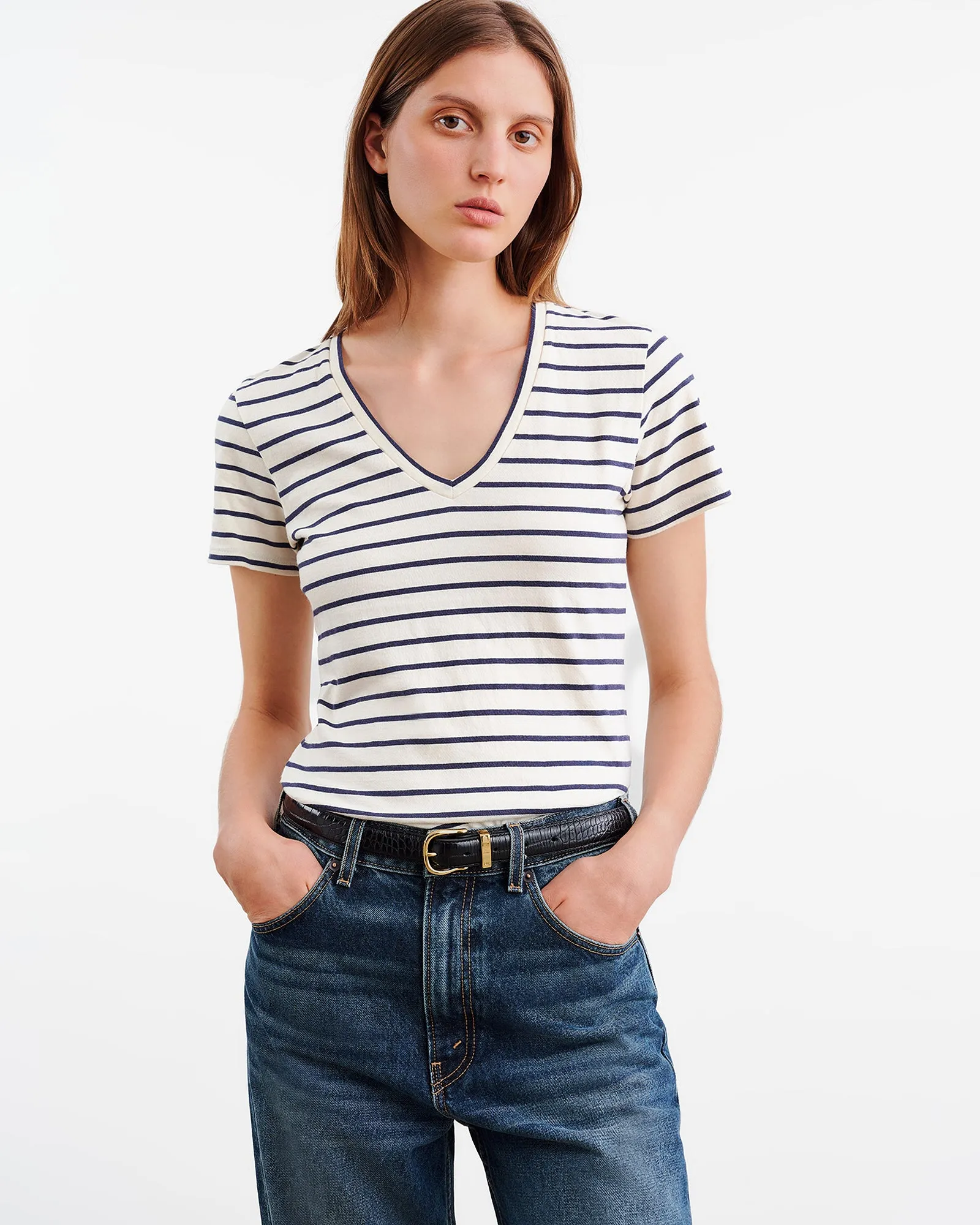 STRIPED CAROL VNECK TEE SHIRT sold by Nili Lotan