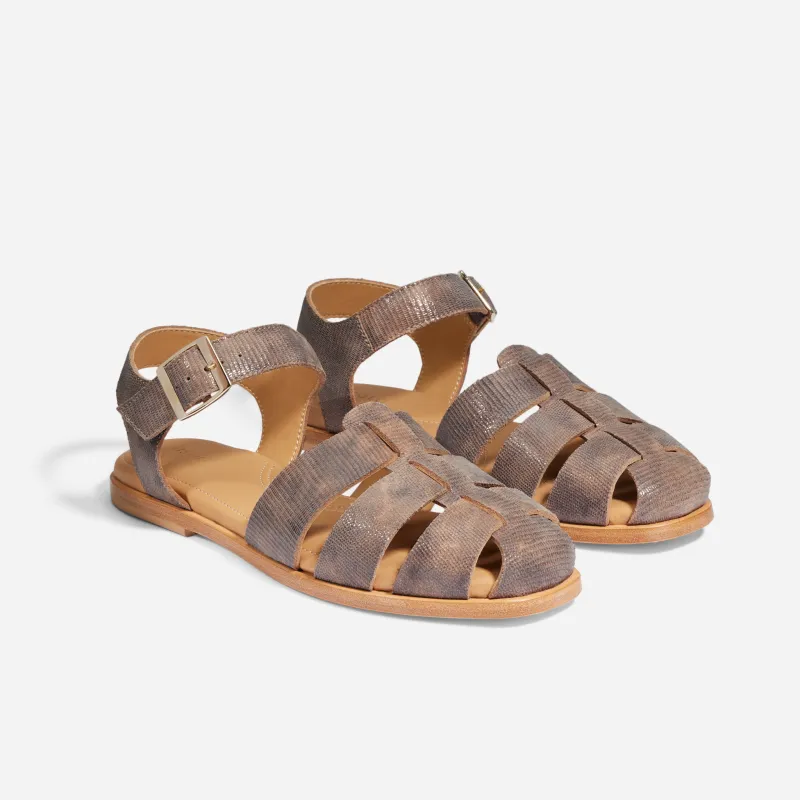 Mira Fisherman Sandal Greige Snake sold by Nisolo
