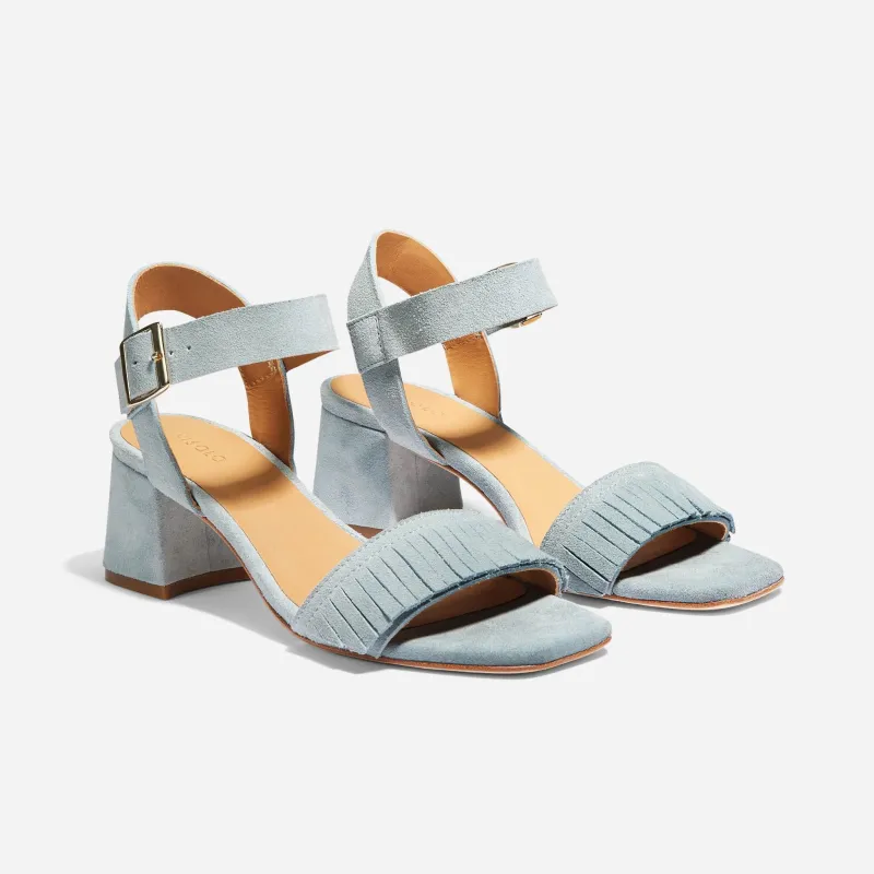 Stella Fringe Heel Sandal Dusty Blue Suede sold by Nisolo