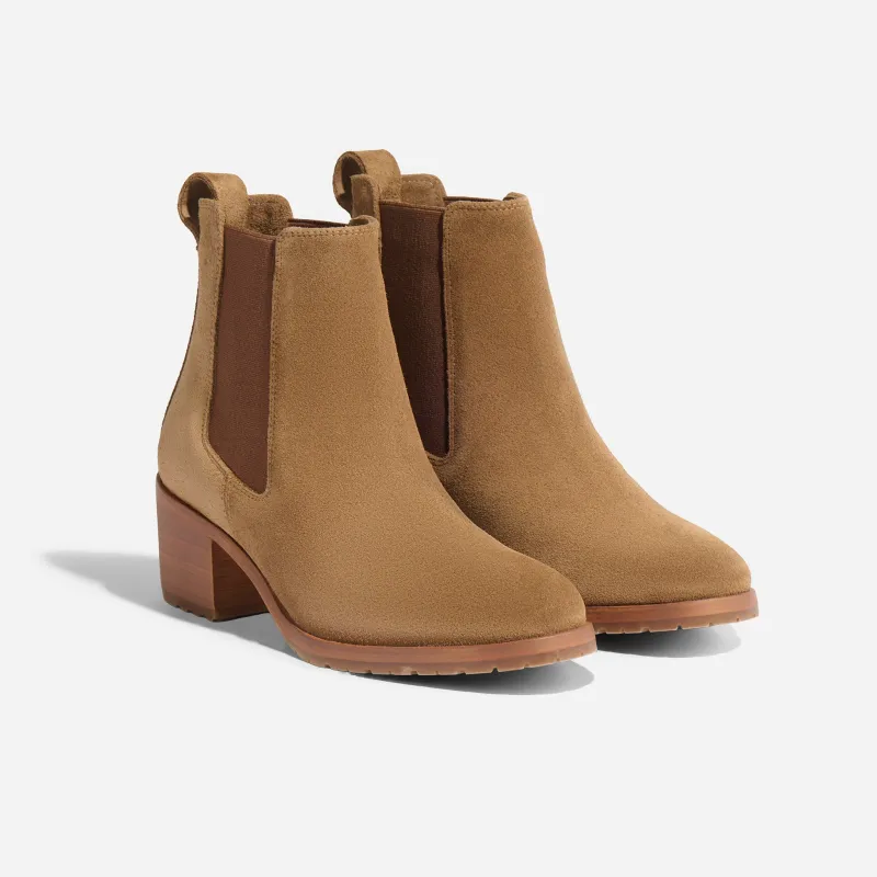 Ana Go-To Heeled Chelsea Boot Taupe Suede sold by Nisolo