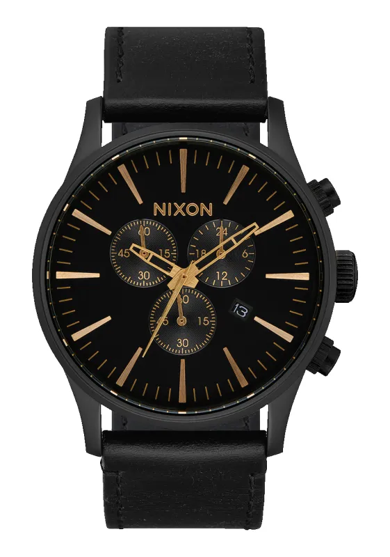 Sentry Chrono Leather - Matte Black / Gold / Black sold by Nixon