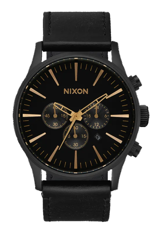 Sentry Chrono Leather - Matte Black / Gold / Black sold by Nixon