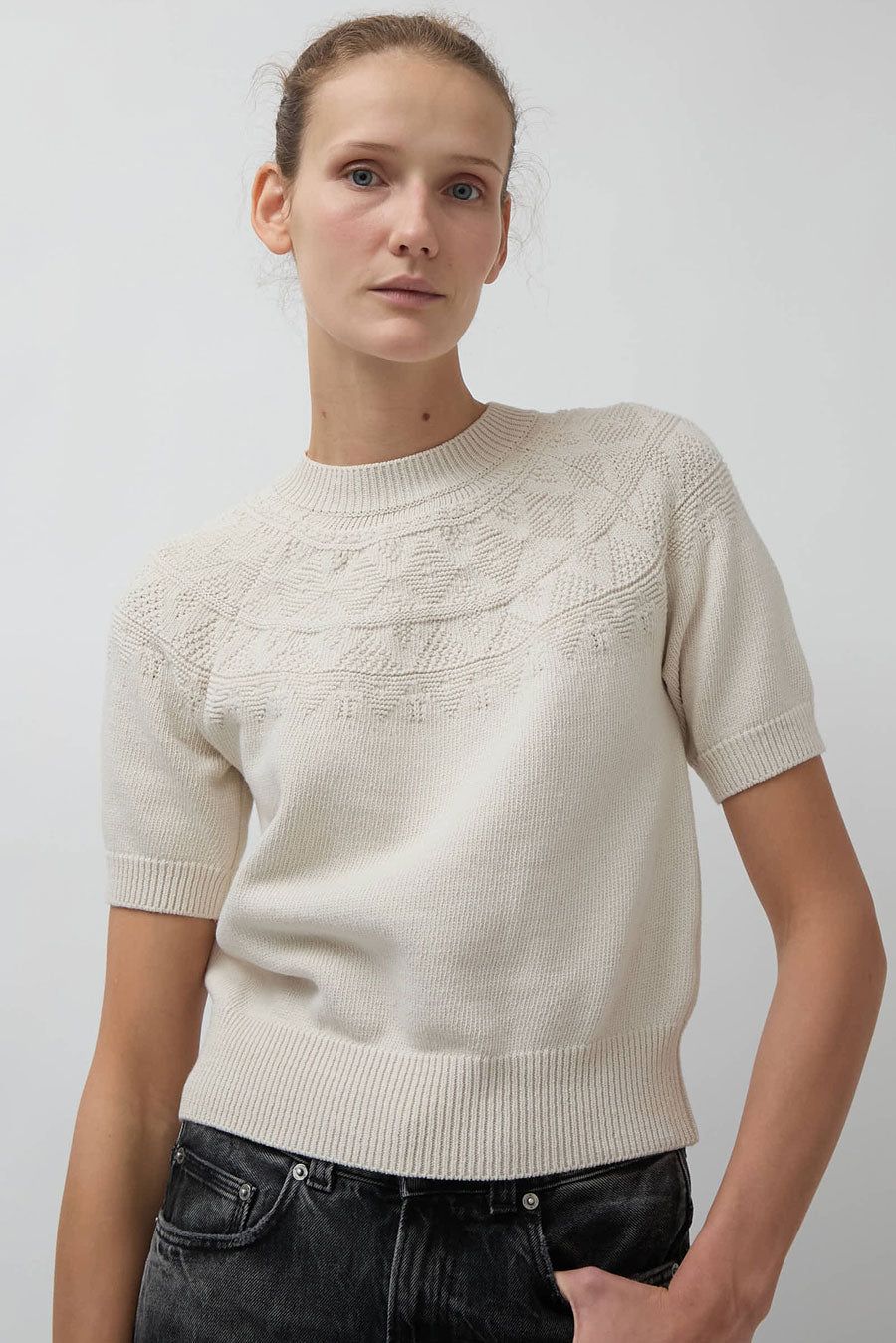 Nothing Written Pye Pattern Short Sleeve Knit in Light Grey sold by No. 6