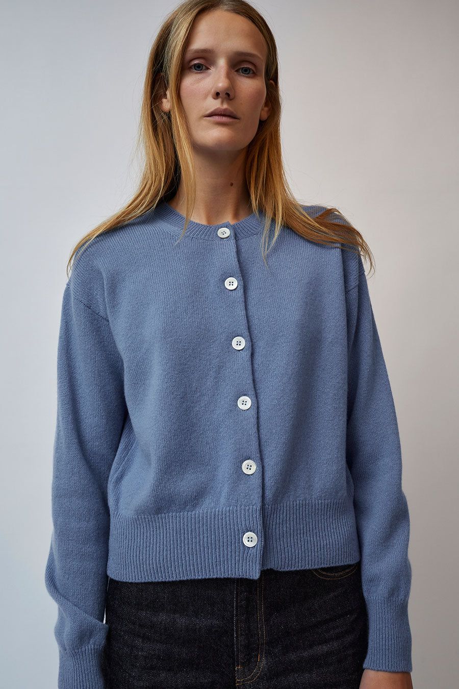 & Daughter Ada Geelong Crewneck Cardigan in Studio Blue sold by No. 6